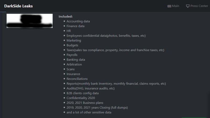 Перечисление похищенных данных на сайте DarkSide в "глубоком интернете" Перечисление похищенных данных на сайте DarkSide в "глубоком интернете"